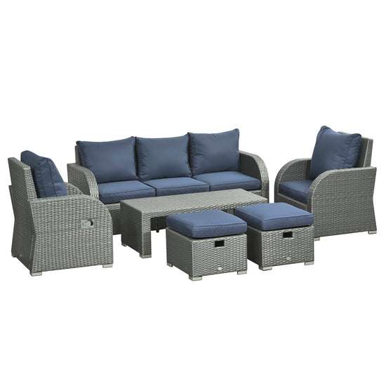 Outsunny Luxury 6pc Patio Wicker Sofa Set 3Seat Couch 2 Recliners Footstools Table Blue Cushions | The Comfy Couch Canada