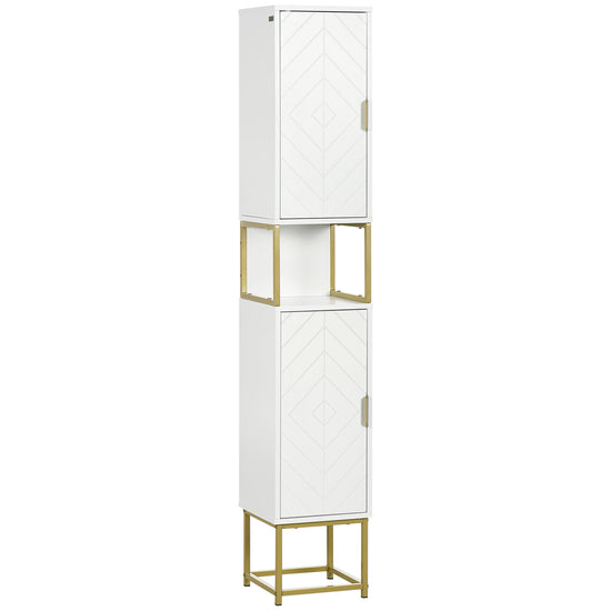 kleankin Narrow Bathroom Linen Cabinet: Adjustable Shelf, 2 Doors & Steel Base in White Compact & Functional | The Comfy Couch Canada