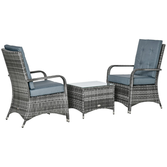Outsunny 3 Piece Outdoor PE Rattan Patio Furniture Set Bistro Set w/ Cushions, Tempered Glass Tabletop for Balcony, Pool, Grey | The Comfy Couch Canada
