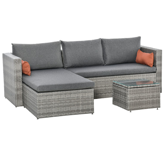 Outsunny 3 Piece Wicker Patio Furniture Set Outdoor Sectional Conversation Couch with Cushions Table Grey | The Comfy Couch Canada