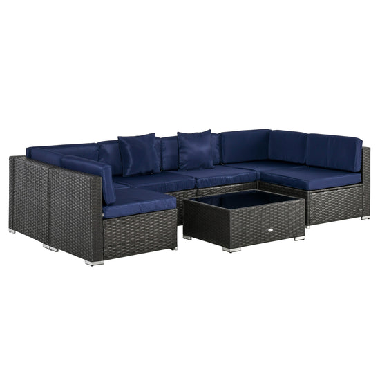 Outsunny Patio Dining Sets, 7-Piece Outdoor Sofa Set with Deep-Seat Cushions for All Weather Backyard Leisure, Navy Blue | The Comfy Couch Canada