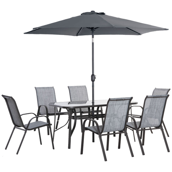 Outsunny 8-Piece Grey Patio Dining Set with Umbrella - Includes 6 Chairs & Table for Outdoor Entertaining | The Comfy Couch Canada