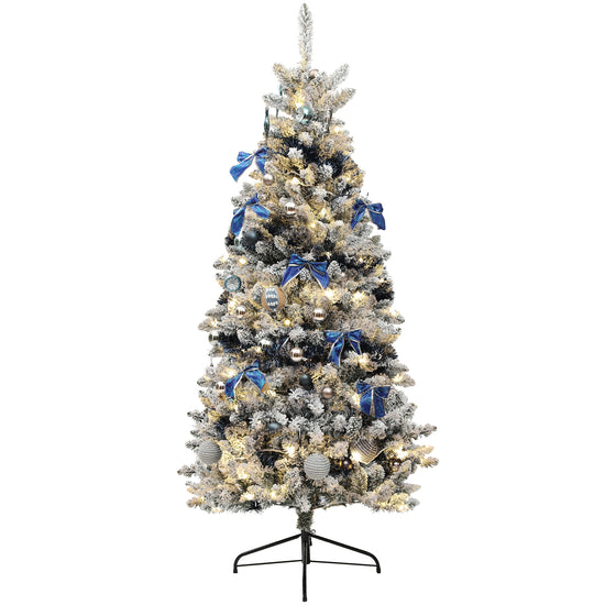 HOMCOM 6ft Prelit Artificial Christmas Tree with Blue Ornaments, Flocked Christmas Tree with LED Lights for Home Office | The Comfy Couch Canada