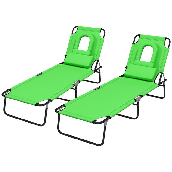 Outsunny 2PCS Adjustable Outdoor Lounge Chair, Garden Folding Chaise Lounge w/ Reading Hole Reclining Tanning Chair Seat, Folding Camping Beach Lounging Bed with Head Support Green | The Comfy Couch Canada