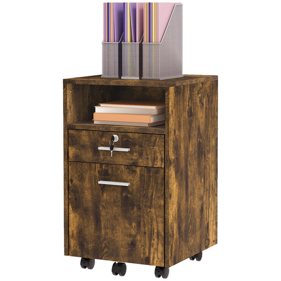 Vinsetto Small Filing Cabinet with 2 Drawers, Lockable Home Office Storage Cabinets on Wheels for A4, Letter Size, Rustic Brown | The Comfy Couch Canada