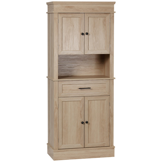 HOMCOM Modern Freestanding Kitchen Pantry Cabinet Oak Doors Open Shelves Adjustable Shelving Microwave Space | The Comfy Couch Canada