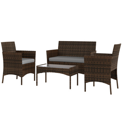 Outsunny 4 Pieces Wicker Outdoor Balcony Furniture Set Rattan Patio Furniture Set with Loveseat Chairs Glass Coffee Table Grey