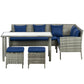 Outsunny 5-Piece Navy Blue Wicker Patio Dining Set, Outdoor Conversation Furniture with Cushions, Table, Ottomans | The Comfy Couch Canada