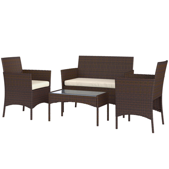 Outsunny 4 Pieces Wicker Outdoor Balcony Furniture Set Rattan Patio Furniture Set with Loveseat Chairs Glass Coffee Table Beige | The Comfy Couch Canada