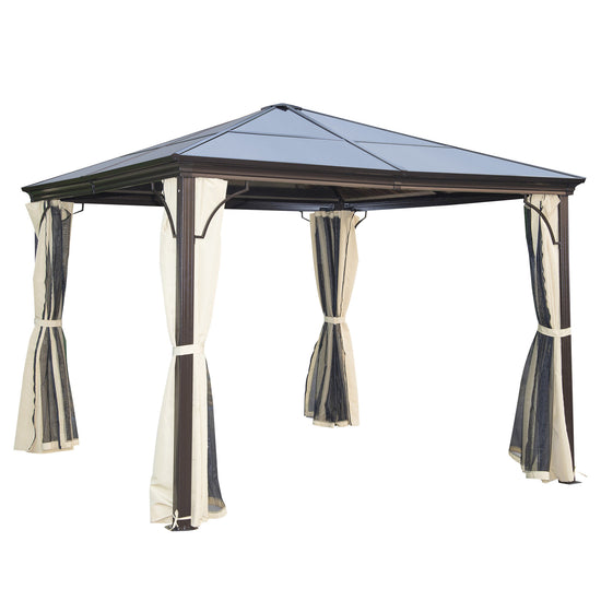 Outsunny 10x10 ft Hard Top Gazebo Canopy Heavy Duty Shelter Sun Shade Beige Coffee with Curtain | The Comfy Couch Canada
