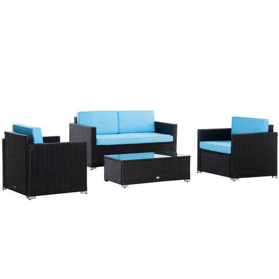 Outsunny 4PC Sky Blue Patio Wicker Sofa Set Outdoor PE Rattan Conversation Furniture with Tempered Glass Table-top | The Comfy Couch Canada