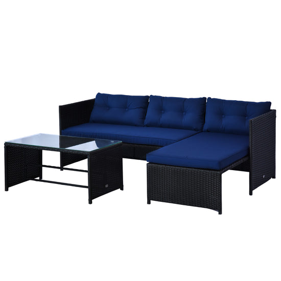 Outsunny 3PCS Rattan Wicker Sofa Chaise Lounge Outdoor Patio Furniture Set Cushioned Black Dark Blue | The Comfy Couch Canada
