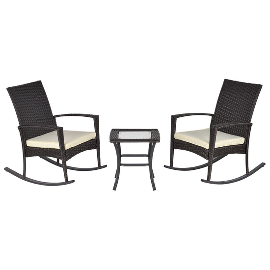 Outsunny Rocking Chair Set 3pc Rattan Wicker Outdoor Patio Furniture with Side Table Comfortable Brown | The Comfy Couch Canada