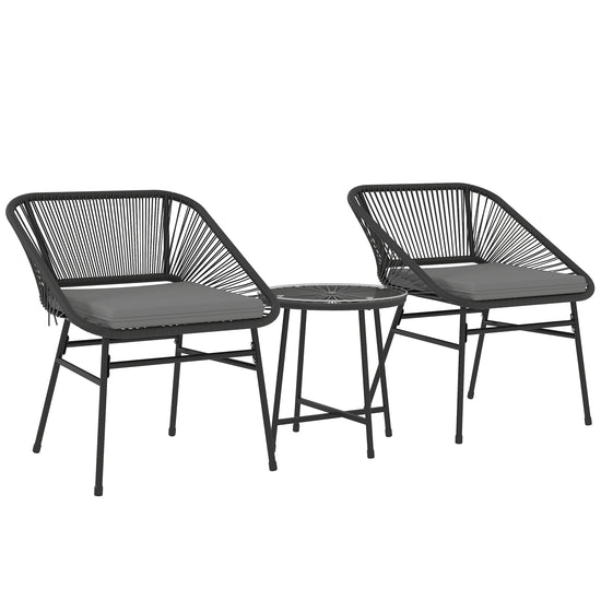 Outsunny 3 Piece Bistro Set, Wicker Outdoor Patio Furniture Set with Glass Top Table, Cushions for Balcony, Porch, Black | The Comfy Couch Canada