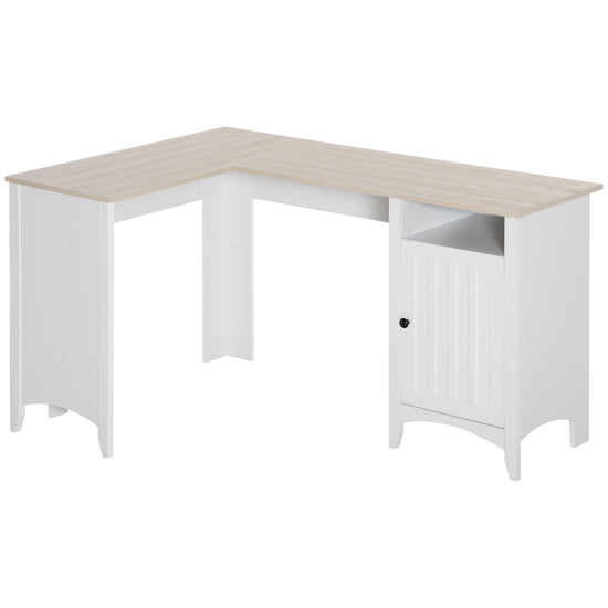 HOMCOM L-Shaped Desk for Home Office Spacious Corner Computer Desk with Shelf & Cabinet Modern Workstation in Natural Wood & White | The Comfy Couch Canada