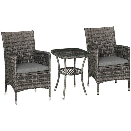 Outsunny Rattan Bistro Set 3PC Grey Armchair Glass Top Coffee Table Outdoor Patio Furniture Wicker Weave Garden Balcony | The Comfy Couch Canada