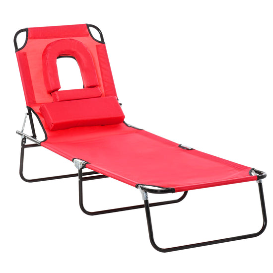 Outsunny Adjustable Sun Lounger with Reading Hole Folding Outdoor Recliner Seat for Beach Camping Red | The Comfy Couch Canada