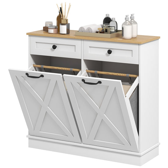 HOMCOM Tilt Out Laundry Cabinet, Bathroom Storage Cabinet with 2 Removable Baskets and 2 Drawers, White.