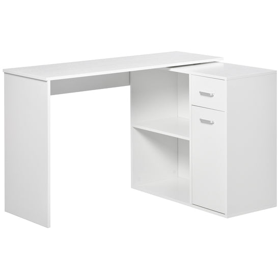 HOMCOM L Shaped Desk Corner Computer Table with Storage Cabinet Shelf Study Writing Home Office White.