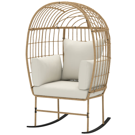 Outsunny Oversized Rocking Chair, Indoor Outdoor Egg Chair w/ Thickened Cushions, Wicker Patio Lounger for Porch, Balcony, Beige