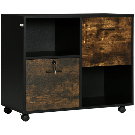 Vinsetto Lateral File Cabinet: Drawers, Lock, Open Shelves, Wheels, Rustic Brown Finish, Office Furniture | The Comfy Couch Canada