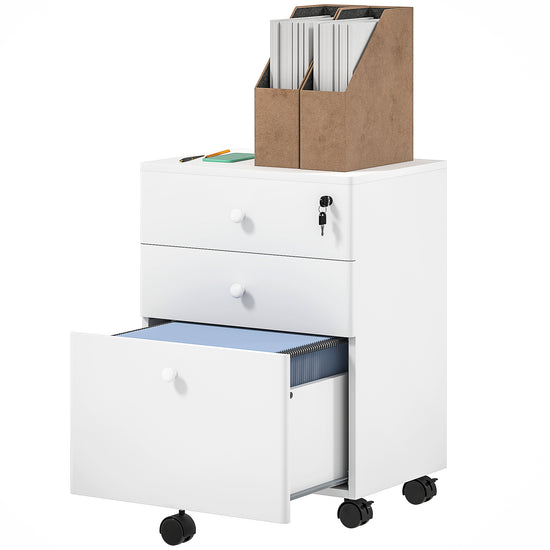 HOMCOM 3-Drawer Small Filing Cabinet with Lock, Vertical Office Storage Cabinet with Wheels for Home Office, White | The Comfy Couch Canada