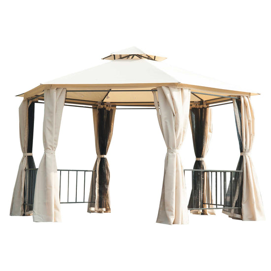 Outsunny 13ft Hexagon Gazebo Outdoor Canopy Shelter with Netting and Shaded Curtains Beige | The Comfy Couch Canada