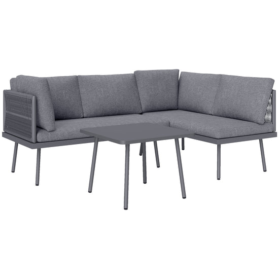 Outsunny 3 Pieces Outdoor Furniture Set, L Shaped Wicker Patio Furniture Conversation Set with Cushions, Steel Table, Grey | The Comfy Couch Canada