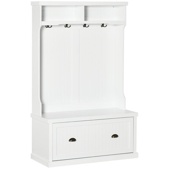 HOMCOM 3-in-1 Entryway Elegance: Modern Hall Tree Coat Rack with Shoe Storage Bench and Hooks for Bedroom, White Finish | The Comfy Couch Canada
