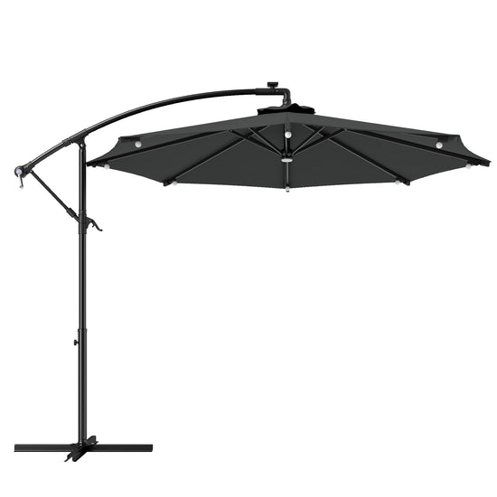 Outsunny 8.8FT Cantilever Patio Umbrella with Solar Powered LED Lights, Crank Handle, Cross Base for Outdoor Sun Shade, Grey | The Comfy Couch Canada