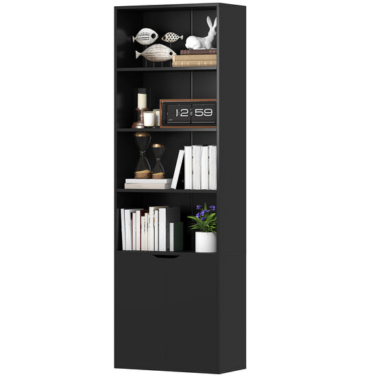 HOMCOM 4-Tier Open Bookshelf with Doors Modern Home Office Bookcase Storage Cabinet for Living Room Bathroom Study, Black