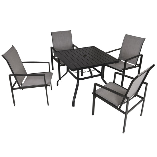 Outsunny 5pc Patio Dining Set, Metal Slat Finish, 1.75" Umbrella Hole, Outdoor Furniture for Backyard - Grey | The Comfy Couch Canada