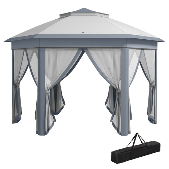 Outsunny Pop Up Hexagon Patio Gazebo 13x13ft Double Roof Outdoor Instant Shelter Garden with Netting Grey | The Comfy Couch Canada