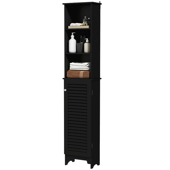 HOMCOM Tall Bathroom Storage Cabinet, Freestanding Linen Tower with 3-Tier Open Adjustable Shelf, Black | The Comfy Couch Canada