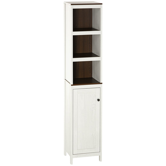 kleankin Spacious Bathroom Storage Tower: Freestanding Unit, 3 Open Shelves & Adjustable Shelf in Antique White Finish.
