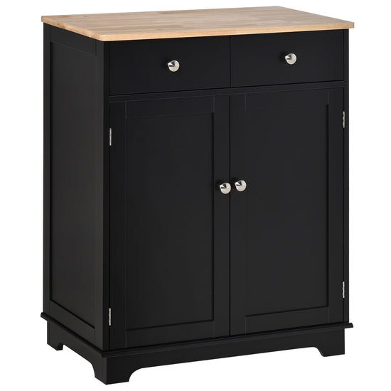 HOMCOM Kitchen Storage Cabinet Black Sideboard with Solid Wood Top Adjustable Shelf 2 Drawers.