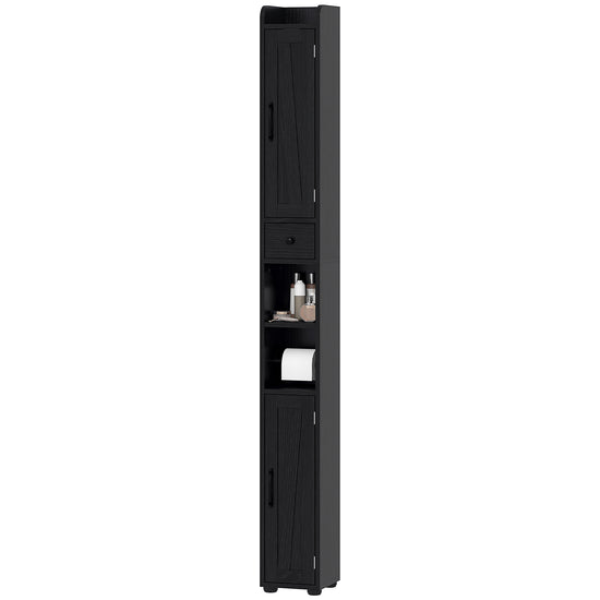 HOMCOM Narrow Bathroom Cabinet, Tall Bathroom Storage Cabinet with Barn Doors, Drawer and Adjustable Shelves, Black Wood Grain.
