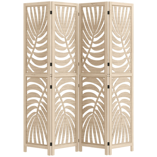 HOMCOM 4 Panel Room Divider, Detachable Folding Privacy Screens with Palm Leaf Design for Home Office, Natural Wood Finish | The Comfy Couch Canada