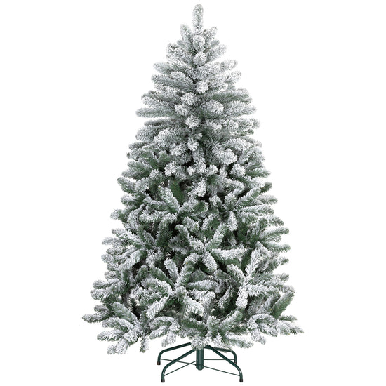 HOMCOM 5 Foot Artificial Flocked Christmas Tree with Snow, Metal Stand, Hinged Xmas Tree for Home Office Holiday.