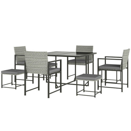 Outsunny 9 Pieces Wicker Patio Dining Set with 4 Armchairs, 4 Stools, Tempered Glass Top, Removable Cushions, Light Grey | The Comfy Couch Canada