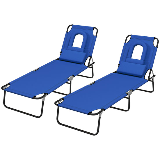 Outsunny 2PCS Adjustable Outdoor Lounge Chair, Garden Folding Chaise Lounge w/ Reading Hole Reclining Tanning Chair Seat, Folding Camping Beach Lounging Bed with Head Support Blue | The Comfy Couch Canada