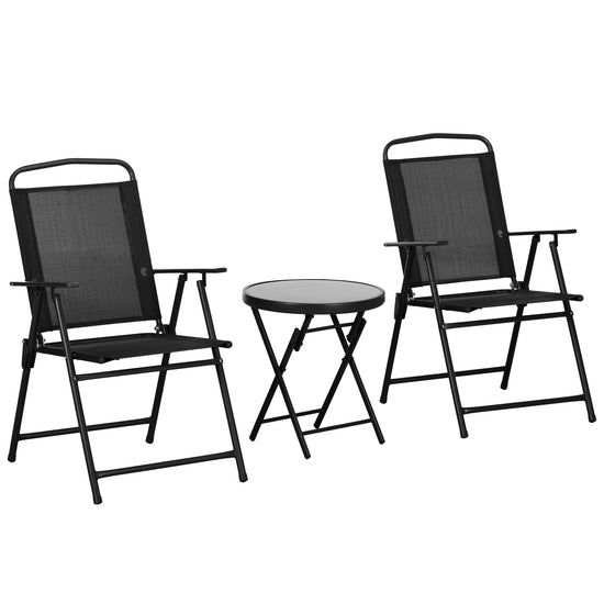 Outsunny 3 Pieces Bistro Set, Foldable Patio Furniture Set with Mesh Chairs, Glass Table for Garden, Balcony, Black | The Comfy Couch Canada