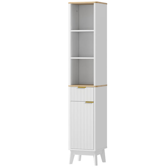 HOMCOM 67" Tall Bathroom Cabinet, Narrow Bathroom Storage Cabinet with 3 Open Shelves, Drawer and 2 Adjustable Shelves, White | The Comfy Couch Canada