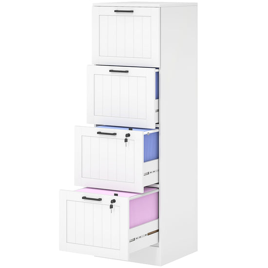 HOMCOM 4 Drawer Filing Cabinet with Lock, Office Storage Cabinet with Adjustable Hanging Bars for A4 Letter Size Files, White.