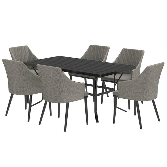 Outsunny 7 Piece Wicker Patio Furniture Set with Cushions, Umbrella Hole, Slatted Table Top, for Backyard, Porch, Garden, Balcony | The Comfy Couch Canada