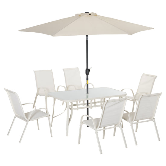 Outsunny 8 Piece Patio Dining Set with Table Umbrella, 6 Chairs and Rectangle Dining Table, Outdoor Patio Furniture Set, Cream White | The Comfy Couch Canada