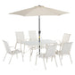 Outsunny 8 Piece Patio Dining Set with Table Umbrella, 6 Chairs and Rectangle Dining Table, Outdoor Patio Furniture Set, Cream White | The Comfy Couch Canada