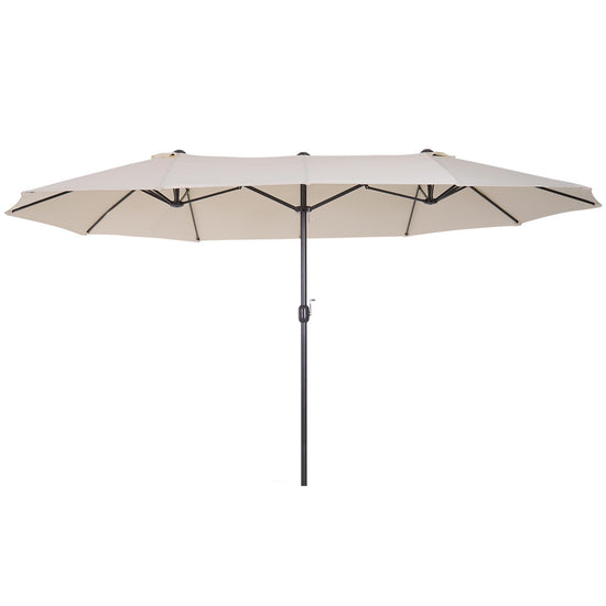 Outsunny 15ft Beige Twin Canopy Patio Umbrella Outdoor Sunshade with Steel Table Lift Crank for Spacious Shade | The Comfy Couch Canada