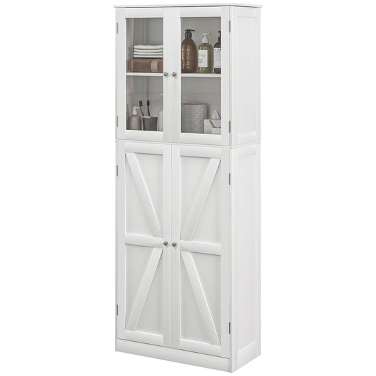 HOMCOM Tall Bathroom Storage Cabinet, Modern Bathroom Cabinet with Glass and Barn Doors, 5-Tier Floor Cabinet, White | The Comfy Couch Canada