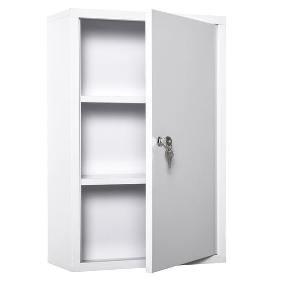 kleankin Secure Wall Medicine Cabinet: 3-Tier Lockable Steel Cabinet with 2 Keys for Bathroom Safety, White | The Comfy Couch Canada